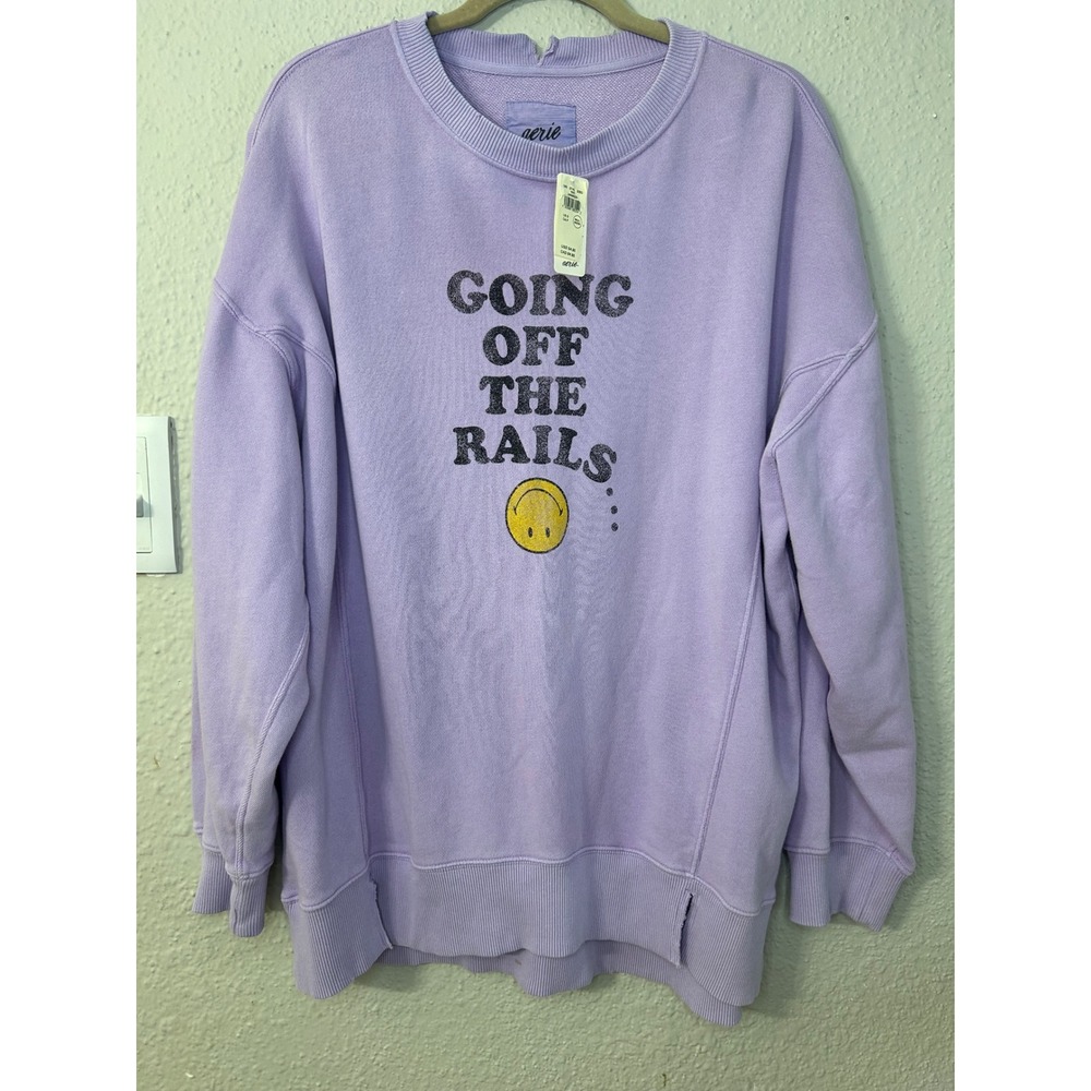 Aerie Going Off The Rails Graphic Sweatshirt Purple Smiley Face Small NWT